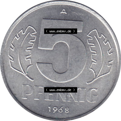 DDR Münze 1948-1990 Umlaufmünze / Kursmünze 1968-1990, Mzz. A für Berlin der DDR 5 Pfennig 1968, Fünf Pfennig DDR (GDR) Münzen Sammlung