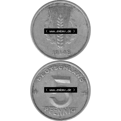 DDR Münze 1948-1990 Umlaufmünze / Kursmünze in Grau 1948-1950, A 5 Pfennig 1948-03 Graustufen. Bildmaterial als transparente Graustufen - s/w - Grau - Schwarzweiß... Sammlung