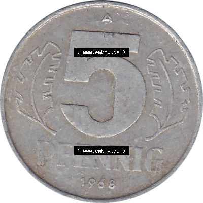 DDR Münze 1948-1990 Umlaufmünze / Kursmünze 1968-1990, Mzz. A für Berlin der DDR 5 Pfennig 1968, Fünf Pfennig DDR (GDR) Münzen Sammlung