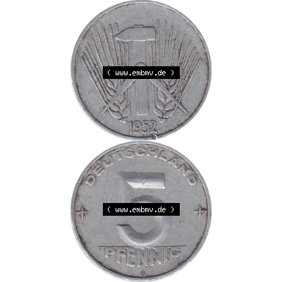 DDR Münze 1948-1990 Umlaufmünze / Kursmünze 1952-1953, Mzz. A für Berlin der DDR 5 Pfennig 1952-02. Bildmaterial als transparente PNG-Grafik mit der Vorderseite... Sammlung