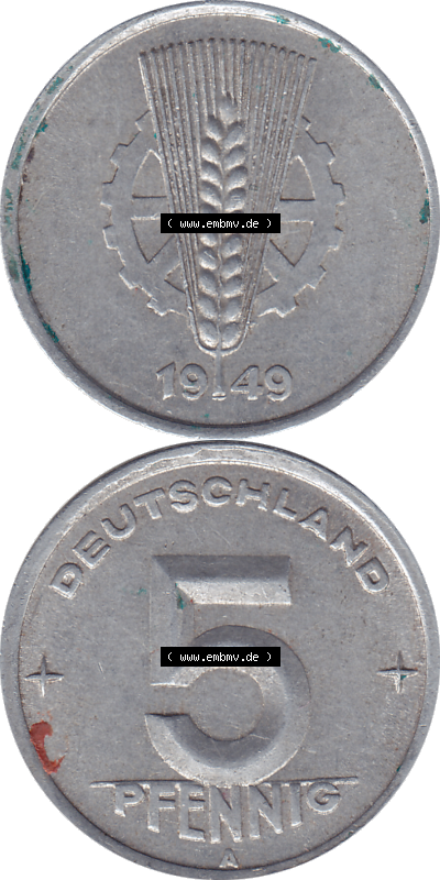 DDR Münze 1948-1990 Umlaufmünze / Kursmünze 1948-1950, Mzz. A für Berlin der DDR 5 Pfennig 1949, 5 / Fünf Pfennig-Stücke Sammlung