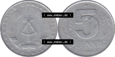 DDR Münze 1948-1990 Umlaufmünze / Kursmünze 1968-1990, Mzz. A für Berlin der DDR 5 Pfennig 1968, 5 / Fünf Pfennig-Stücke Sammlung