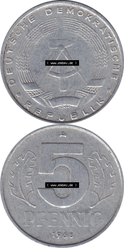 DDR Münze 1948-1990 Umlaufmünze / Kursmünze 1968-1990, Mzz. A für Berlin der DDR 5 Pfennig 1968, 5 / Fünf Pfennig-Stücke Sammlung