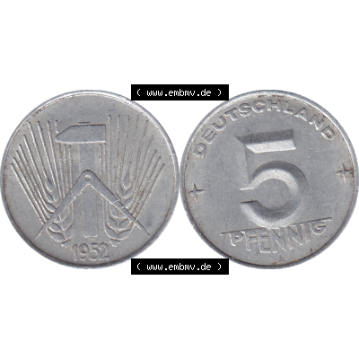 DDR Münze 1948-1990 Umlaufmünze / Kursmünze 1952-1953, Mzz. A für Berlin der DDR 5 Pfennig 1952-01. Bildmaterial als transparente PNG-Grafik mit der Vorderseite... Sammlung