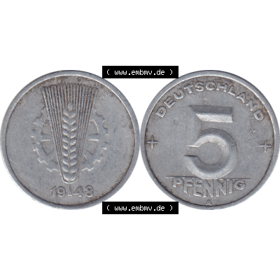 DDR Münze 1948-1990 Umlaufmünze / Kursmünze 1948-1950, Mzz. A für Berlin der DDR 5 Pfennig 1948-03. Bildmaterial als transparente PNG-Grafik mit der Vorderseite... Sammlung