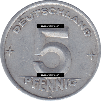 DDR Münze 1948-1990 Umlaufmünze / Kursmünze 1948-1950, Mzz. A für Berlin der DDR 5 Pfennig 1948-01. Bildmaterial als transparente PNG-Grafik mit der Rückseite... Sammlung