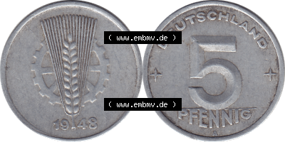 DDR Münze 1948-1990 Umlaufmünze / Kursmünze 1948-1950, Mzz. A für Berlin der DDR 5 Pfennig 1948, 5 / Fünf Pfennig-Stücke Sammlung