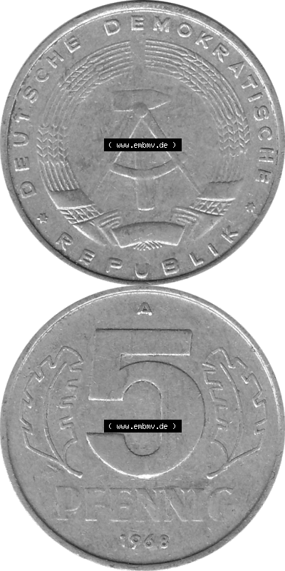 DDR Münze 1948-1990 Umlaufmünze / Kursmünze in Grau 1968-1990, A 5 Pfennig 1968 (Stück 1) Graustufen, sich 5 / Fünf Pfennig-Stücke,... Sammlung
