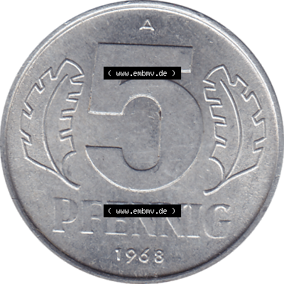 DDR Münze 1948-1990 Umlaufmünze / Kursmünze 1968-1990, Mzz. A für Berlin der DDR 5 Pfennig 1968, Fünf Pfennig DDR (GDR) Münzen Sammlung