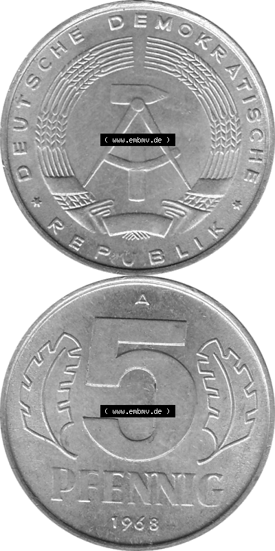 DDR Münze 1948-1990 Umlaufmünze / Kursmünze in Grau 1968-1990, A 5 Pfennig 1968 (Stück 5) Graustufen, sich 5 / Fünf Pfennig-Stücke,... Sammlung