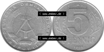 DDR Münze 1948-1990 Umlaufmünze / Kursmünze in Grau 1968-1990, A 5 Pfennig 1968 (Stück 4) Graustufen, sich 5 / Fünf Pfennig-Stücke,... Sammlung