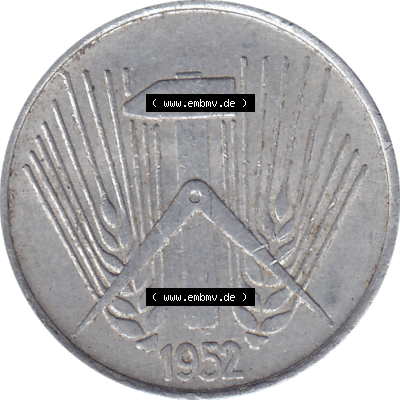 DDR Münze 1948-1990 Umlaufmünze / Kursmünze 1952-1953, Mzz. A für Berlin der DDR 5 Pfennig 1952-01. Bildmaterial als transparente PNG-Grafik mit der Vorderseite... Sammlung