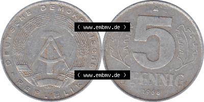 DDR Münze 1948-1990 Umlaufmünze / Kursmünze 1968-1990, Mzz. A für Berlin der DDR 5 Pfennig 1968, 5 / Fünf Pfennig-Stücke Sammlung