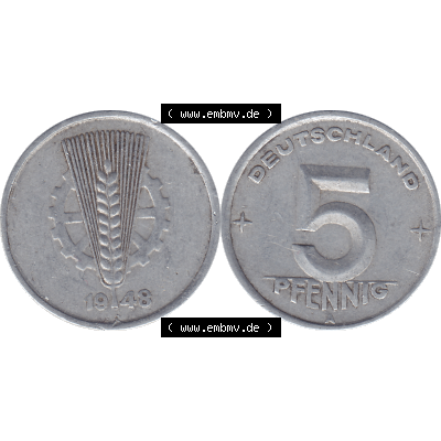 DDR Münze 1948-1990 Umlaufmünze / Kursmünze 1948-1950, Mzz. A für Berlin der DDR 5 Pfennig 1948-01. Bildmaterial als transparente PNG-Grafik mit der Vorderseite... Sammlung