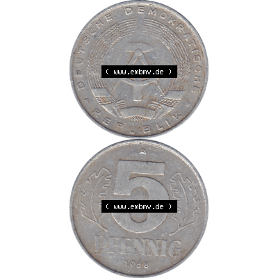 DDR Münze 1948-1990 Umlaufmünze / Kursmünze 1968-1990, Mzz. A für Berlin der DDR 5 Pfennig 1968-03. Bildmaterial als transparente PNG-Grafik mit der Vorderseite... Sammlung