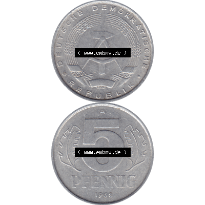 DDR Münze 1948-1990 Umlaufmünze / Kursmünze 1968-1990, Mzz. A für Berlin der DDR 5 Pfennig 1968-04. Bildmaterial als transparente PNG-Grafik mit der Vorderseite... Sammlung