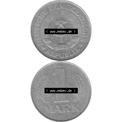 DDR Münze 1956-1990 Umlaufmünze / Kursmünze 1972-1990, A 1 Mark 1977-11 Graustufen. Bildmaterial als transparente Graustufen PNG-Grafik mit der Vorderseite und Rückseite... Sammlung