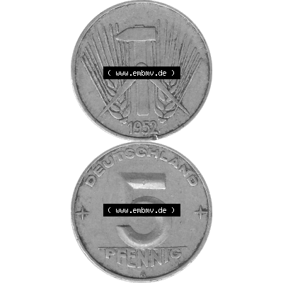 DDR Münze 1948-1990 Umlaufmünze / Kursmünze in Grau 1952-1953, A 5 Pfennig 1952-02 Graustufen. Bildmaterial als transparente Graustufen - s/w - Grau - Schwarzweiß... Sammlung