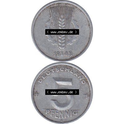 DDR Münze 1948-1990 Umlaufmünze / Kursmünze 1948-1950, Mzz. A für Berlin der DDR 5 Pfennig 1948-03. Bildmaterial als transparente PNG-Grafik mit der Vorderseite... Sammlung