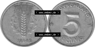 DDR Münze 1948-1990 Umlaufmünze / Kursmünze in Grau 1948-1950, A 5 Pfennig 1948 (Stück 3) Graustufen, sich 5 / Fünf Pfennig-Stücke,... Sammlung