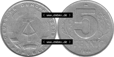 DDR Münze 1948-1990 Umlaufmünze / Kursmünze in Grau 1968-1990, A 5 Pfennig 1968 (Stück 1) Graustufen, sich 5 / Fünf Pfennig-Stücke,... Sammlung