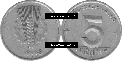 DDR Münze 1948-1990 Umlaufmünze / Kursmünze in Grau 1948-1950, A 5 Pfennig 1948 (Stück 1) Graustufen, sich 5 / Fünf Pfennig-Stücke,... Sammlung