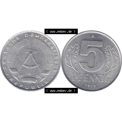 DDR Münze 1948-1990 Umlaufmünze / Kursmünze 1968-1990, Mzz. A für Berlin der DDR 5 Pfennig 1968-06. Bildmaterial als transparente PNG-Grafik mit der Vorderseite... Sammlung