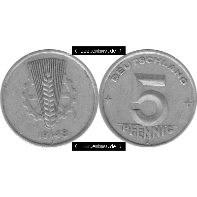 DDR Münze 1948-1990 Umlaufmünze / Kursmünze in Grau 1948-1950, A 5 Pfennig 1948-01 Graustufen. Bildmaterial als Graustufen - s/w - Grau - Schwarzweiß aus farbiger... Sammlung