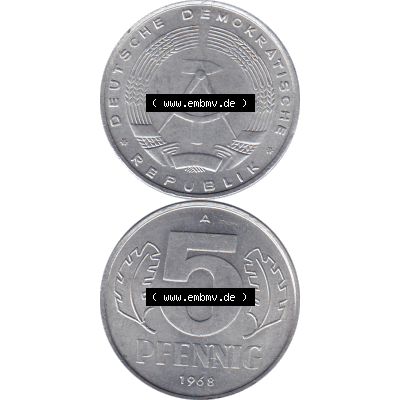 DDR Münze 1948-1990 Umlaufmünze / Kursmünze 1968-1990, Mzz. A für Berlin der DDR 5 Pfennig 1968-06. Bildmaterial als transparente PNG-Grafik mit der Vorderseite... Sammlung