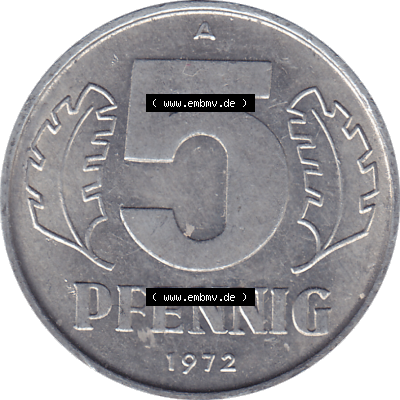 DDR Münze 1948-1990 Umlaufmünze / Kursmünze 1968-1990, Mzz. A für Berlin der DDR 5 Pfennig 1972-01. Bildmaterial als transparente PNG-Grafik mit der Rückseite... Sammlung