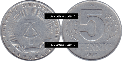 DDR Münze 1948-1990 Umlaufmünze / Kursmünze 1968-1990, Mzz. A für Berlin der DDR 5 Pfennig 1968, 5 / Fünf Pfennig-Stücke Sammlung
