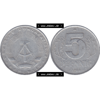 DDR Münze 1948-1990 Umlaufmünze / Kursmünze 1968-1990, Mzz. A für Berlin der DDR 5 Pfennig 1968-02. Bildmaterial als transparente PNG-Grafik mit der Vorderseite... Sammlung