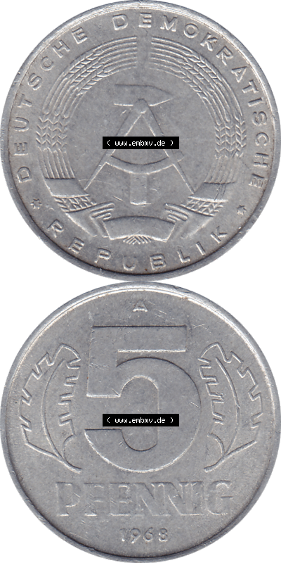 DDR Münze 1948-1990 Umlaufmünze / Kursmünze 1968-1990, Mzz. A für Berlin der DDR 5 Pfennig 1968, 5 / Fünf Pfennig-Stücke Sammlung