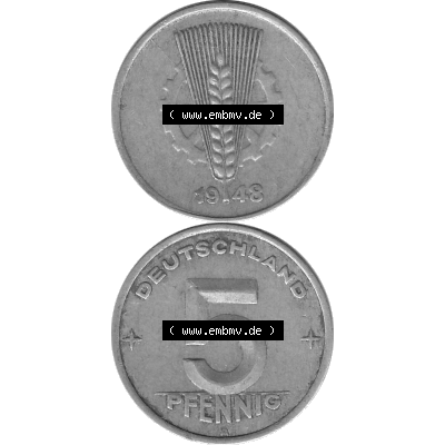 DDR Münze 1948-1990 Umlaufmünze / Kursmünze in Grau 1948-1950, A 5 Pfennig 1948-02 Graustufen. Bildmaterial als transparente Graustufen - s/w - Grau - Schwarzweiß... Sammlung