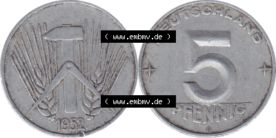 DDR Münze 1948-1990 Umlaufmünze / Kursmünze 1952-1953, Mzz. A für Berlin der DDR 5 Pfennig 1952, 5 / Fünf Pfennig-Stücke Sammlung