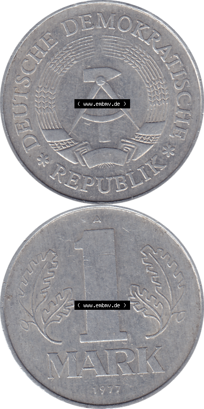 DDR Münze 1956-1990 Umlaufmünze / Kursmünze 1972-1990, A 1 Mark 1977 (Stück 11). Bildmaterial als transparente PNG-Grafik... Sammlung