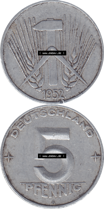 DDR Münze 1948-1990 Umlaufmünze / Kursmünze 1952-1953, Mzz. A für Berlin der DDR 5 Pfennig 1952, 5 / Fünf Pfennig-Stücke Sammlung