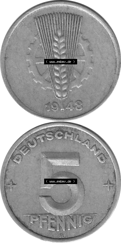 DDR Münze 1948-1990 Umlaufmünze / Kursmünze in Grau 1948-1950, A 5 Pfennig 1948 (Stück 2) Graustufen, sich 5 / Fünf Pfennig-Stücke,... Sammlung