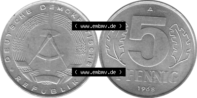 DDR Münze 1948-1990 Umlaufmünze / Kursmünze in Grau 1968-1990, A 5 Pfennig 1968 (Stück 6) Graustufen, sich 5 / Fünf Pfennig-Stücke,... Sammlung