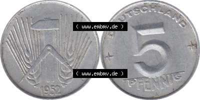 DDR Münze 1948-1990 Umlaufmünze / Kursmünze 1952-1953, Mzz. A für Berlin der DDR 5 Pfennig 1952, 5 / Fünf Pfennig-Stücke Sammlung