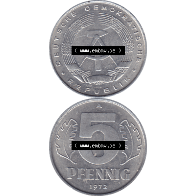 DDR Münze 1948-1990 Umlaufmünze / Kursmünze 1968-1990, A 5 Pfennig 1972-01. Bildmaterial als transparente PNG-Grafik mit der Vorderseite und Rückseite vertikal untereinander... Sammlung