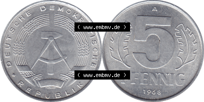 DDR Münze 1948-1990 Umlaufmünze / Kursmünze 1968-1990, Mzz. A für Berlin der DDR 5 Pfennig 1968, 5 / Fünf Pfennig-Stücke Sammlung