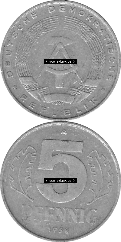 DDR Münze 1948-1990 Umlaufmünze / Kursmünze in Grau 1968-1990, A 5 Pfennig 1968 (Stück 3) Graustufen, sich 5 / Fünf Pfennig-Stücke,... Sammlung