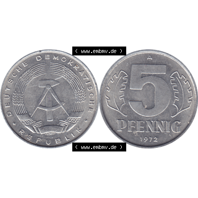 DDR Münze 1948-1990 Umlaufmünze / Kursmünze 1968-1990, A 5 Pfennig 1972-01. Bildmaterial als transparente PNG-Grafik mit der Vorderseite und Rückseite horizontal rechts... Sammlung