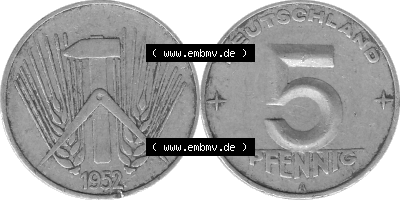 DDR Münze 1948-1990 Umlaufmünze / Kursmünze in Grau 1952-1953, A 5 Pfennig 1952 (Stück 2) Graustufen, sich 5 / Fünf Pfennig-Stücke,... Sammlung