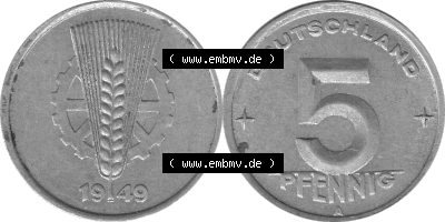 DDR Münze 1948-1990 Umlaufmünze / Kursmünze in Grau 1948-1950, A 5 Pfennig 1949 (Stück 1) Graustufen, sich 5 / Fünf Pfennig-Stücke,... Sammlung