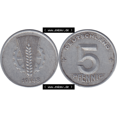DDR Münze 1948-1990 Umlaufmünze / Kursmünze 1948-1950, Mzz. A für Berlin der DDR 5 Pfennig 1948-02. Bildmaterial als transparente PNG-Grafik mit der Vorderseite... Sammlung