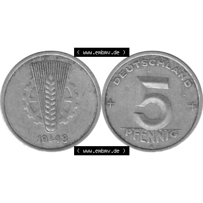 DDR Münze 1948-1990 Umlaufmünze / Kursmünze in Grau 1948-1950, A 5 Pfennig 1948-03 Graustufen. Bildmaterial als Graustufen - s/w - Grau - Schwarzweiß aus farbiger... Sammlung