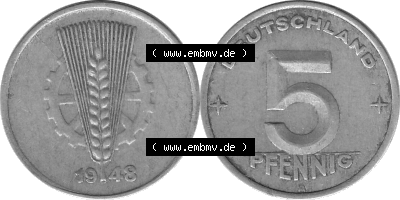 DDR Münze 1948-1990 Umlaufmünze / Kursmünze in Grau 1948-1950, A 5 Pfennig 1948 (Stück 2) Graustufen, sich 5 / Fünf Pfennig-Stücke,... Sammlung