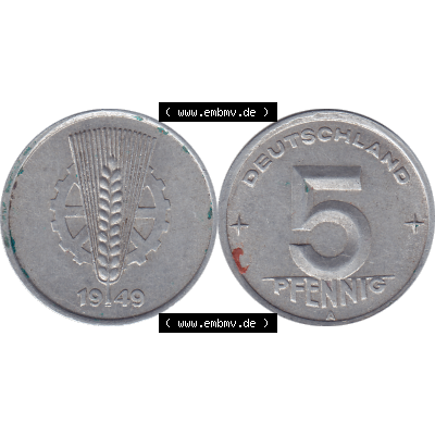 DDR Münze 1948-1990 Umlaufmünze / Kursmünze 1948-1950, Mzz. A für Berlin der DDR 5 Pfennig 1949-01. Bildmaterial als transparente PNG-Grafik mit der Vorderseite... Sammlung